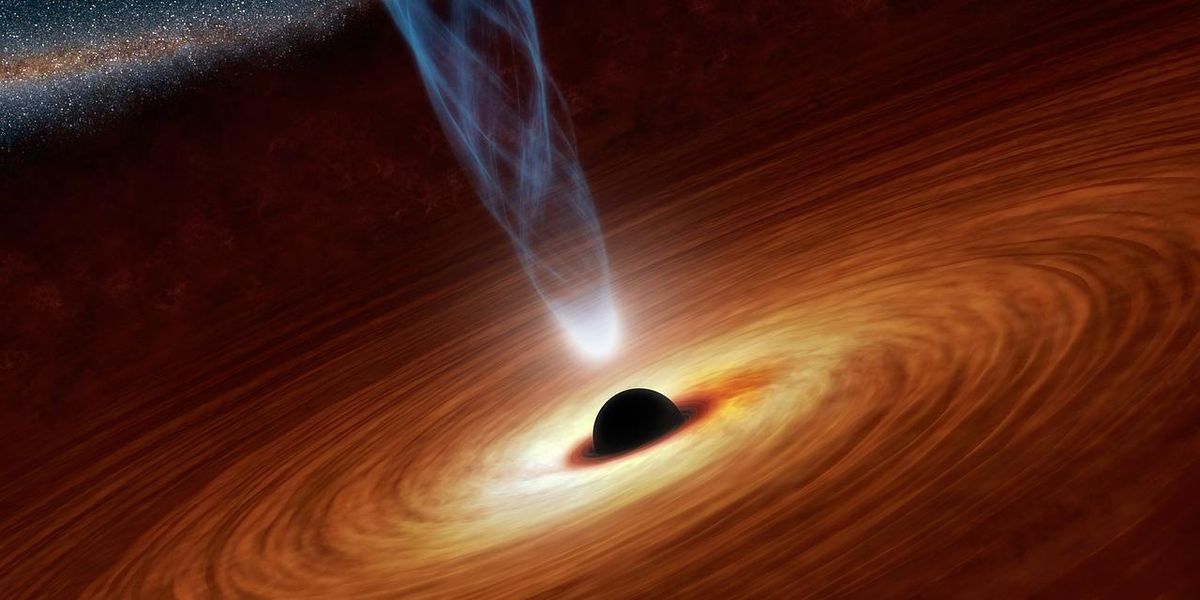 Diffúz anyagból álló akkréciós korong kavarog egy szupermasszív fekete lyuk körül, amelyből Hawking-sugárzás szabadul fel