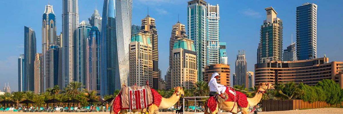 Dubaj látképe az előtérben két tevével 