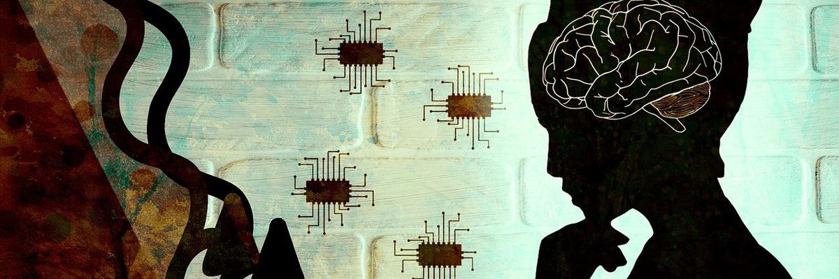 Egy nő sziluettjében kirajzolódik az agya, amire az előtte található mikrochipek csatlakoznak, hogy irányíthassa a technológiai eszközöket az agyhullámaival