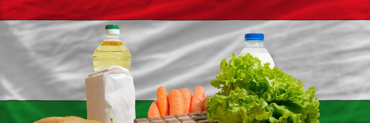 Élelmiszerek egy magyar zászló előtt