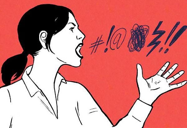 Piros-fehér rajz egy nőről, aki káromkodással épp elrontja az állásinterjúját