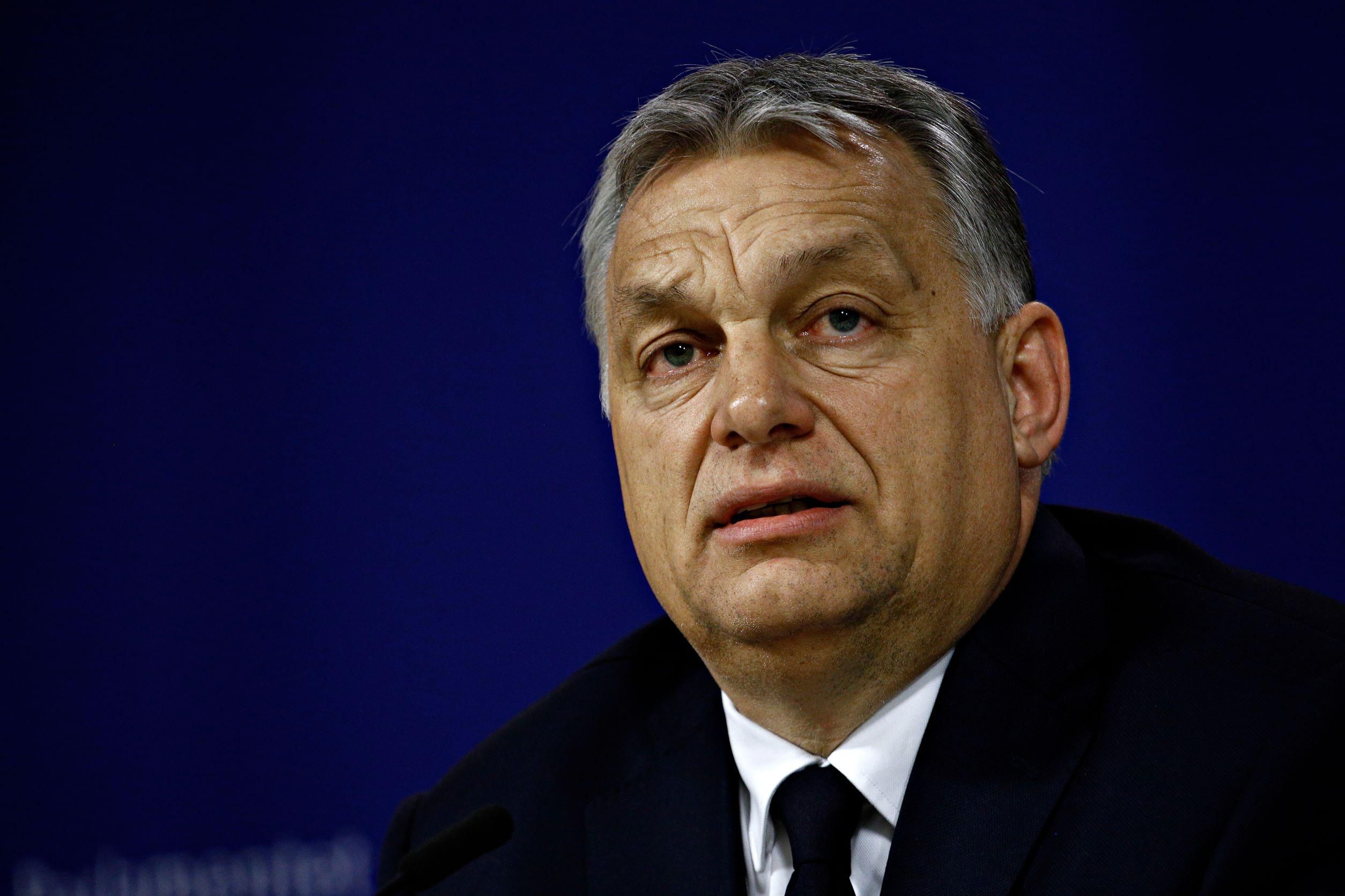 Orbán Viktor miniszterelnök sötét zakóban, fehér ingben, sötét nyakkendőben nézi a róla készült NFT-gyűjteményt