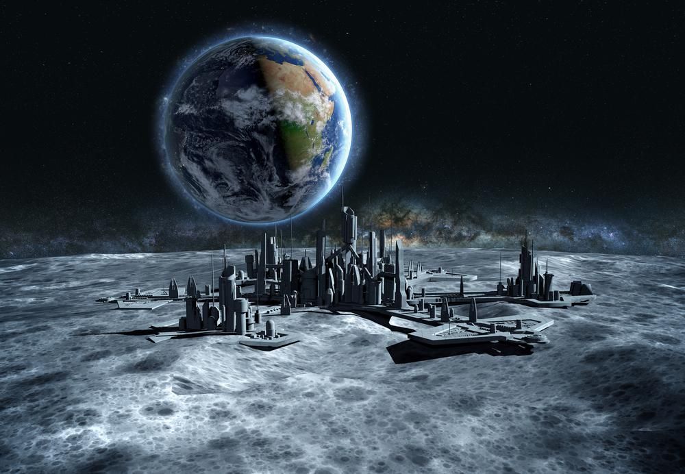 Fantáziarajz egy Holdon épített űrállomásról, a háttérben a Föld bolygó látható