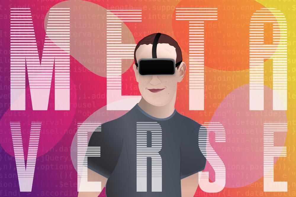 Rajz a VR szemüveges, mosolygó Mark Zuckerberg-ről, a metaverzum felirat látható a képen