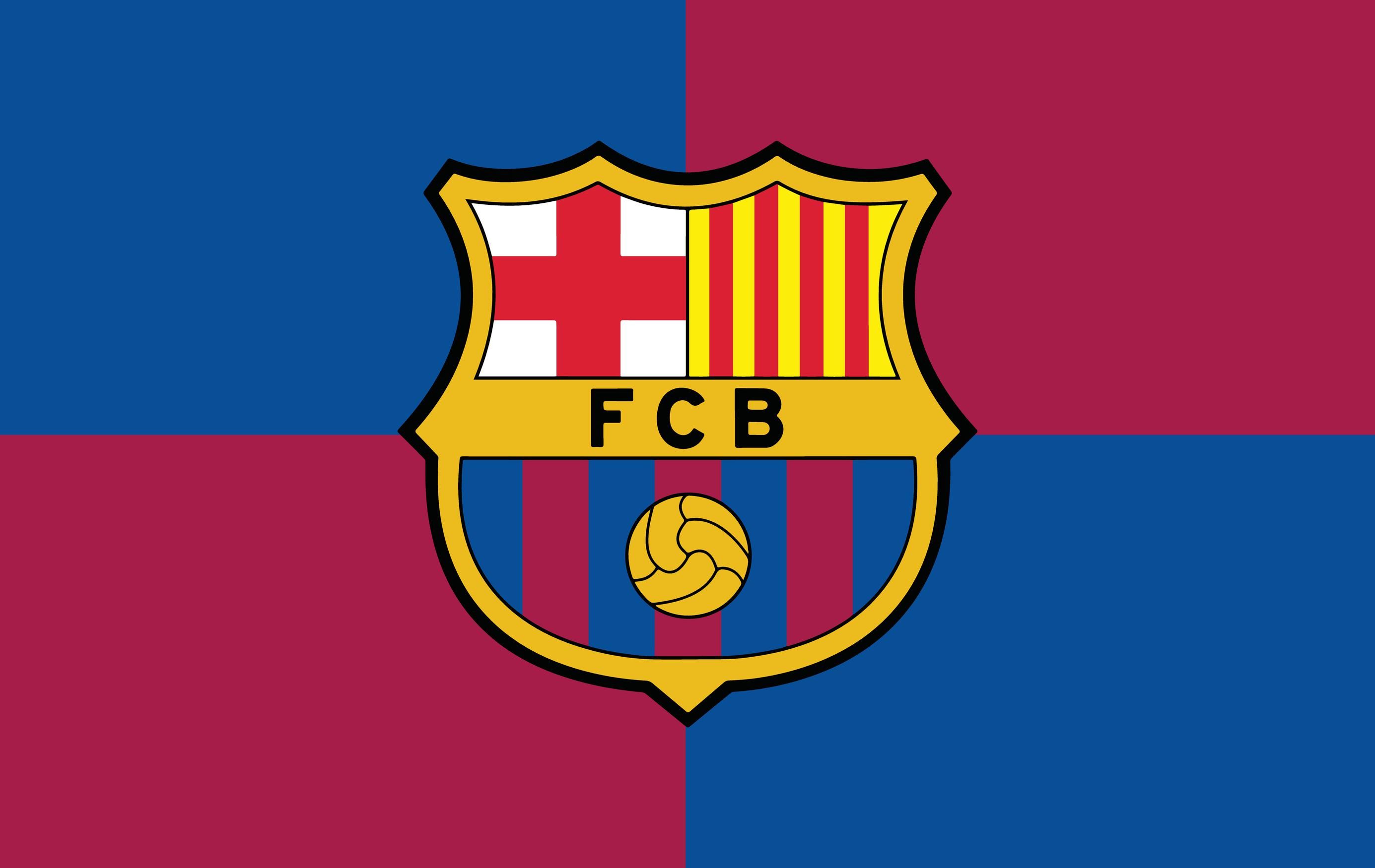 A Barcelona futballklub címere, háttérben a katalán csapat színeivel