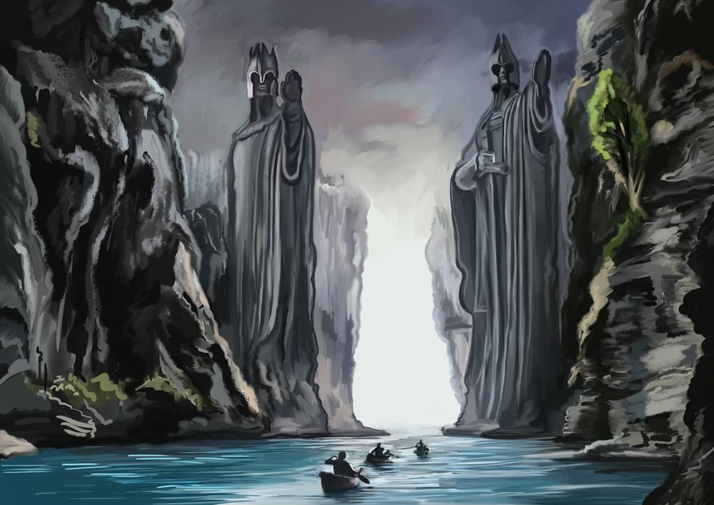 J. R. R. Tolkien Gyűrűk Ura regényéből ismert Argonath szobrok rajza, három ember csónakokkal próbál átkelni a Nen Hithoel folyón, a Gyűrűk Ura jogait eladják