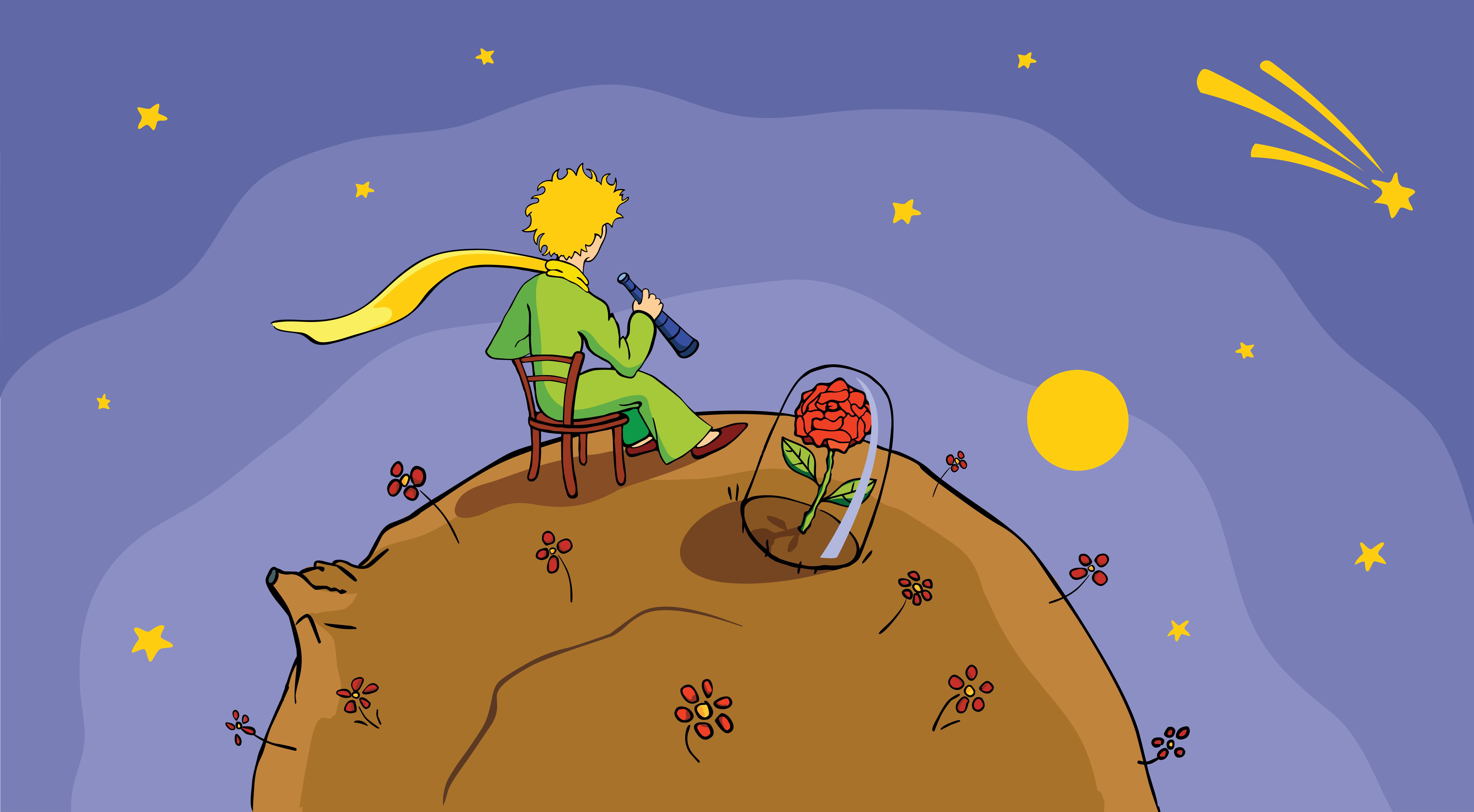 A kis herceg ül a bolygóján a rózsája mellett, miközben kémleli a tájat