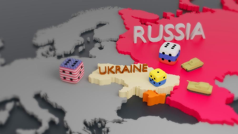 Amerikai, orosz és ukrán színű dobókockák Európa térképén, Ukrajna a legnagyobb játékosoktól kért segítséget