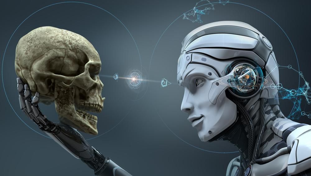 Robot és emberi koponya