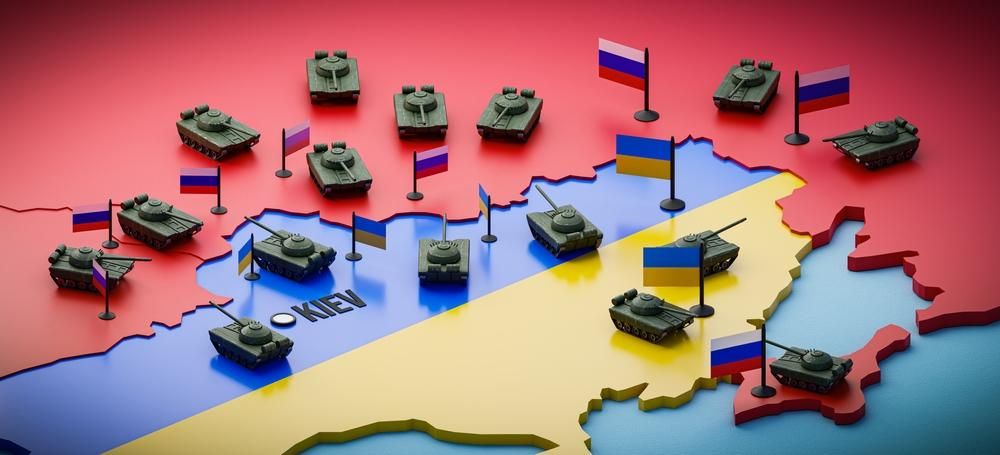 Ukrajna kék-sárga térképe tankokkal 