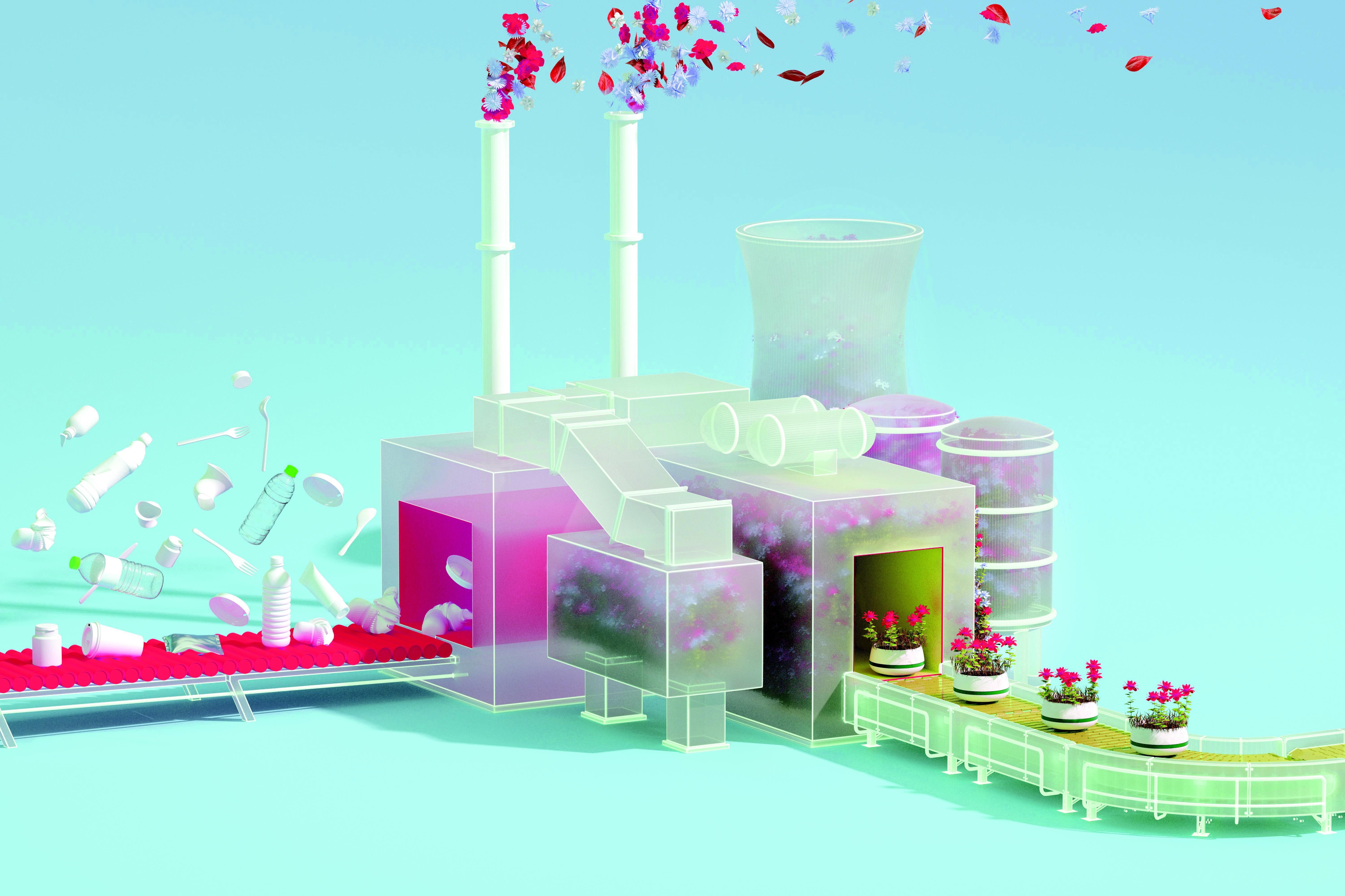 Grafika egy műanyagból virágot gyártó képzeletbeli üzemről