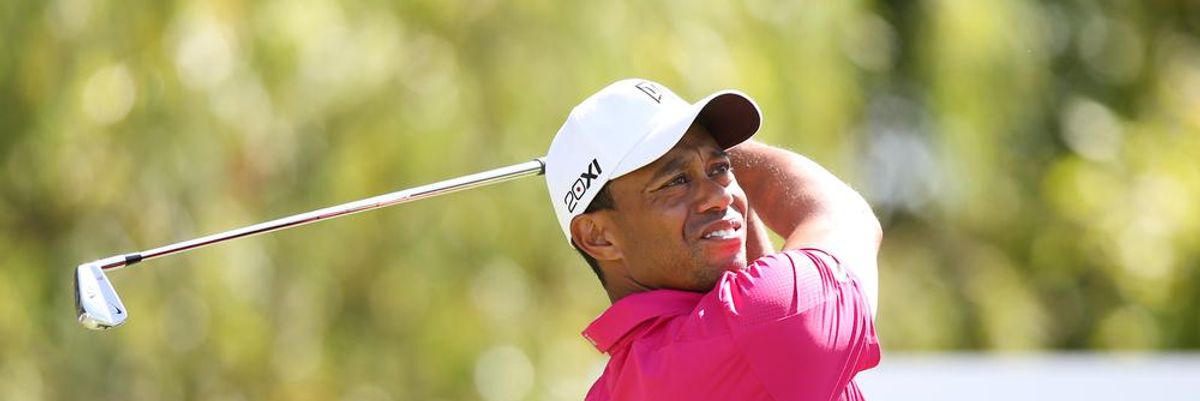 Tiger Woods ciklámen ingben golfütővel