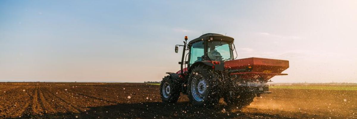 Traktorról szórják szét a műtrágyát a földön