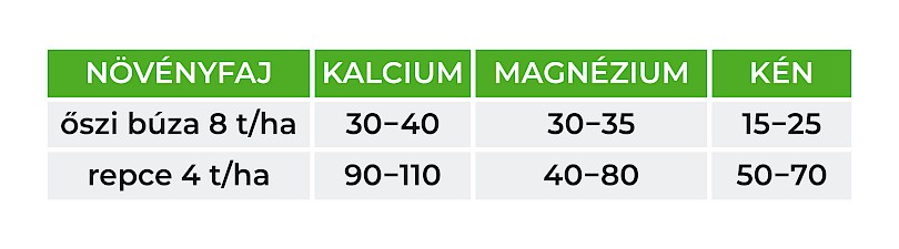 2. t&aacute;bl&aacute;zat: A felvett kalcium, magn&eacute;zium &eacute;s k&eacute;n mennyis&eacute;ge [kg/ha]