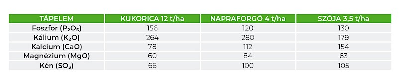 2. t&aacute;bl&aacute;zat: Egyes kap&aacute;sn&ouml;v&eacute;nyek &aacute;ltal felvett P, K, Ca, Mg, S mennyis&eacute;ge [kg/ha] (Nitrog&eacute;nművek Zrt.)